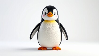 Cartoon penguin character standing upright with flippers out, cheerful expression, orange beak and feet, white belly, black back, friendly and animated style.
