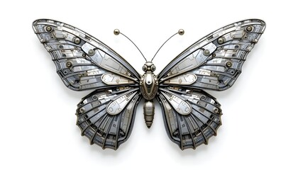 Stunning mechanical butterfly crafted from intricate metal gears and polished chrome, symbolizing innovation and transformation.