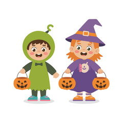 Two kids in halloween costume holding pumpkin basket