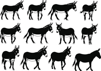Donkey silhouettes collection, various donkey poses, farm animal illustrations, black and white donkey images, rural livestock, donkey profile views, animal vector set, farm life