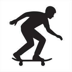 Silhouette of a young man skateboarding with dynamic motion and a sense of speed on a white background