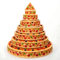 A whimsical pizza cake tower, isolated on white background, showcasing a creative and delicious culinary masterpiece