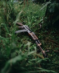 Abandoned AK47 Rifle Hidden in Green Jungle Grass Military Weapon