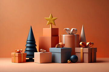 Collection of stylized christmas gifts and tree in warm tones