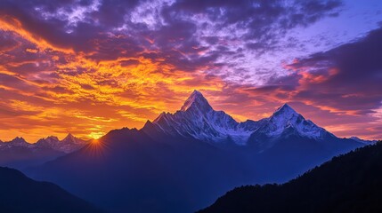 Sunset behind mountains with golden light and purple hues on fiery horizon.