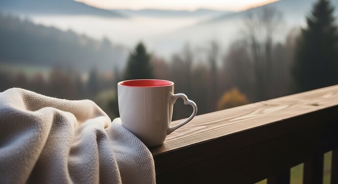 Cozy mug of coffee on a wooden balcony railing with misty mountains