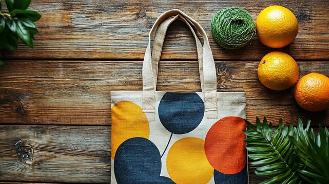 Stylish reusable shopping bag on a wooden table with oranges and green leaves.