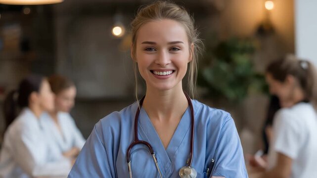 Happy nurse providing round-the-clock care in a modern healthcare setting with colleagues collaborating in the background