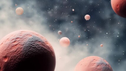 A cosmic video scene with a wide-angle view of pink planets and stars, creating a dreamy, ethereal space atmosphere with a soft focus. Live desktop wallpaper. - Powered by Adobe