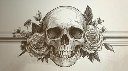 Human skull surrounded by roses and spring flowers on a white background. Human skull among flowers hand drawn in an engraved style. Vector illustration.