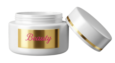 White jar with gold label and pink text isolated on a transparent background container cosmetic