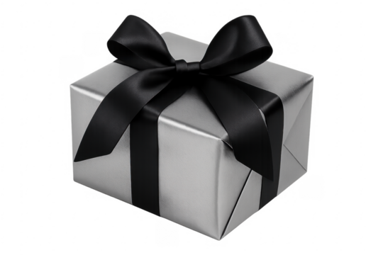 Silver gift box wrapped with black ribbon on transparent background - Powered by Adobe