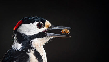 Ein hungriger Buntspecht mit einer Larve im Schnabel, Nahaufnahme mit schwarzem Hintergrund