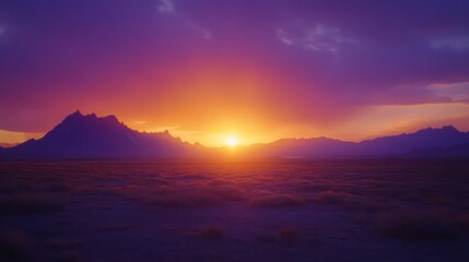 Sunset behind mountains with golden light and purple hues on fiery horizon.