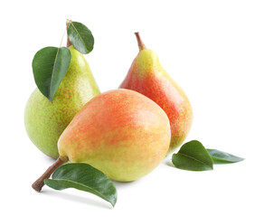 Fresh ripe pears with green leaves isolated on white