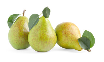 Fresh ripe pears with green leaves isolated on white