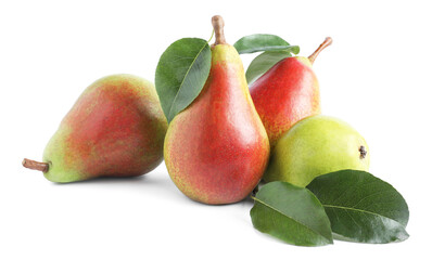 Fresh ripe pears with green leaves isolated on white