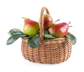 Fresh ripe pears with green leaves in wicker basket isolated on white