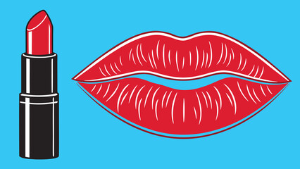 Red lipstick with lips icon on blue background

