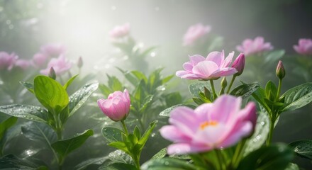 Obraz premium Closeup of delicate pink flowers in a garden, bathed in soft, ethereal light, creating a dreamy and enchanting atmosphere