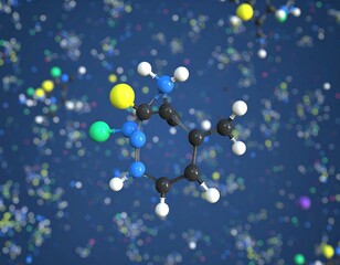 Molecular structure, various colored atoms, 3D model