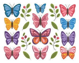 Fototapeta premium A vibrant collection of decorative spring butterflies and moth illustrations with botanical leaf and berry branches for creative design