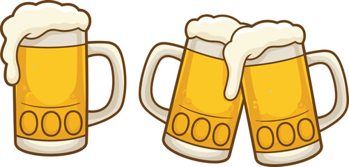 Cheerful beer mugs clinking with frothy golden beer, celebration, friendship, party, cold refreshing drinks, Oktoberfest, toast, festive gathering, bar, pub, alcohol, beverage