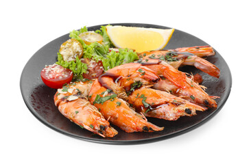 Tasty grilled shrimps with salad and lemon isolated on white. Delicious seafood dish