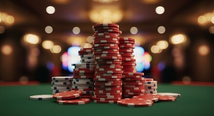 Stacks of poker chips on a green felt table, symbolizing the thrill of gambling. The chips are red and white, in focus, with a bokeh background of casino lights.