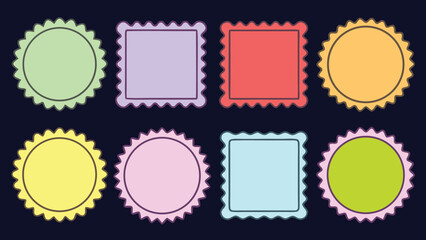 Set of colorful round and square badge icons with decorative borders
