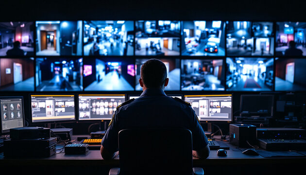 Security officer monitors surveillance screens in dim control room
