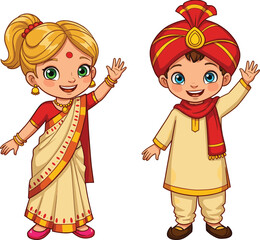 PrintCute Indian cartoon boy and girl in traditional dress, waving hands, ideal for cultural, festival, educational, and ethnic vector use