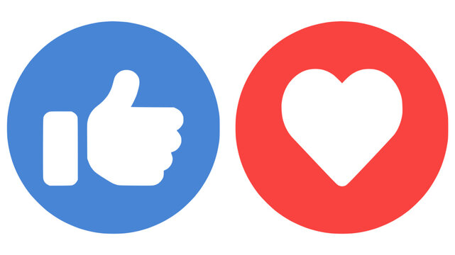 Social media reaction buttons set — thumbs up and heart icons inside circular buttons, like and love emoji symbols, notification and post reaction vector illustration.