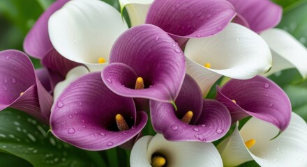 A vibrant bouquet of purple and white calla lilies, showcasing their elegant curves and velvety texture in a natural setting