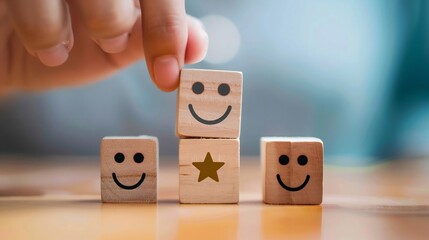 Wooden blocks with smile face rating customer satisfaction feedback business service review evaluation success