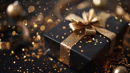 Black gift box with golden ribbon luxury present celebration birthday christmas holiday surprise anniversary