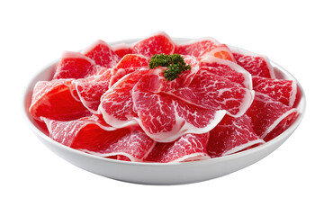 Thinly sliced raw beef isolated on transparent background, arranged artfully in a bowl, showcasing its vibrant red color and delicate marbling