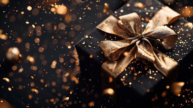 Black gift box with golden bow holiday present celebration surprise christmas birthday anniversary special occasion - Powered by Adobe