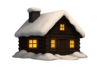 Cozy wooden cabin covered in snow with glowing windows on transparent background