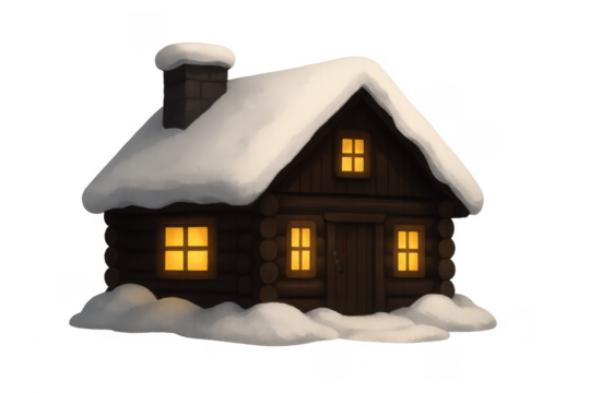 Cozy wooden cabin covered in snow with glowing windows on transparent background
