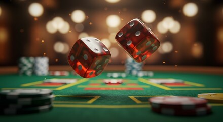 A pair of dice rolling on a casino table with gambling chips. A moment of chance, suspense, and anticipation is frozen in time.