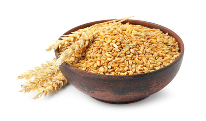 Wheat grains in bowl and dry spikes isolated on white