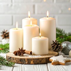 Elegant white candles on wooden platter