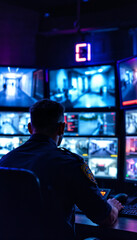 Naklejka premium Security officer monitors surveillance screens in dim control room