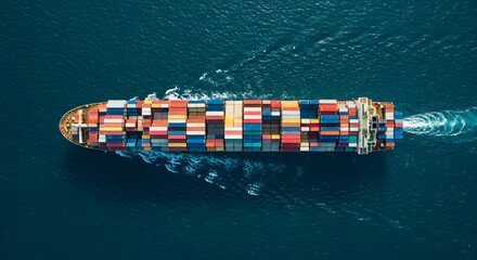 An aerial view of a container ship sailing across the open ocean, transporting goods and products globally