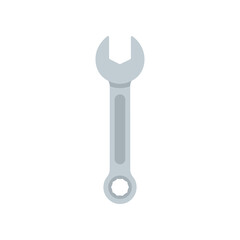 A close-up view of a silver adjustable wrench positioned vertically on a clean white background