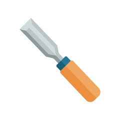 A close-up view of a woodworking chisel resting on a wooden surface, with shavings scattered around