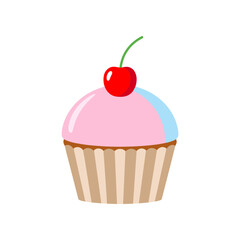 A colorful cupcake topped with a cherry, showcasing a playful dessert against a white background