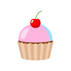 A colorful cupcake with pink and blue frosting topped with a cherry, set against a white background