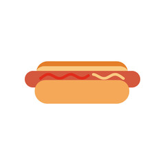 A colorful hot dog with ketchup and mustard on a bun, set against a plain background